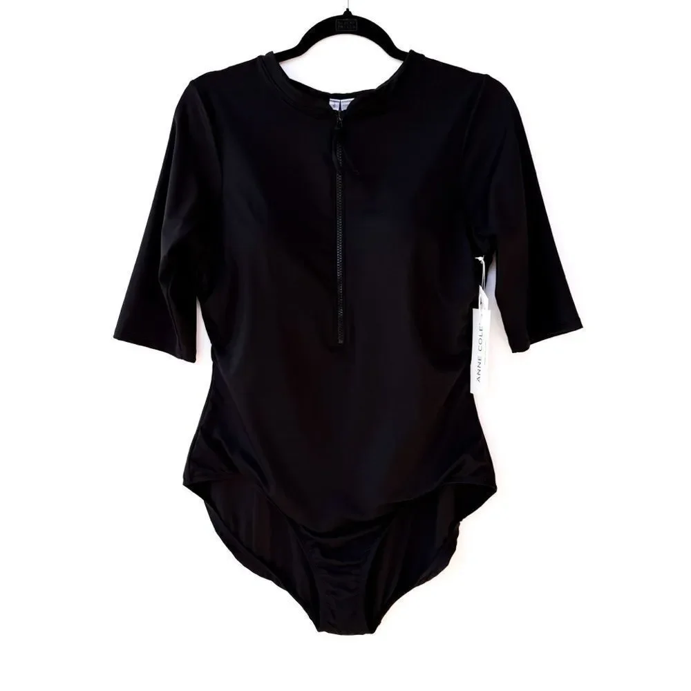 NWT Anne Cole Black Short Sleeve One Piece Live In Half Zip Rash Guard Swimsuit